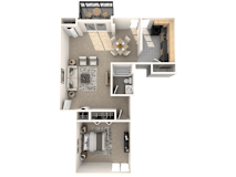 A floor plan of a house with a kitchen, living room, dining room, and two bedrooms.
