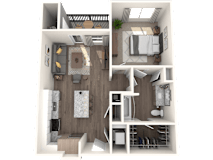 A 3D rendered image of a small apartment layout.