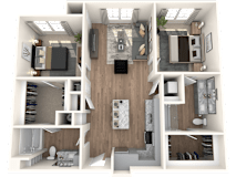 A 3D floor plan of a small apartment with a kitchen, living room, and two bedrooms.