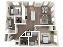 A 3D rendered image of a modern apartment layout.