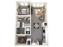 A top-down view of a small apartment with a kitchen, living room, and bathroom.