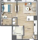 A floor plan of an apartment with a bedroom, living room, kitchen, and bathroom.