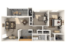 A 3D rendered image of a small apartment layout.