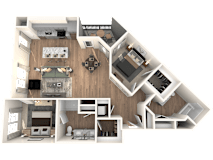 A 3D floor plan of a house with various rooms and furniture.
