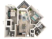 A 3D floor plan of a house with a living room, kitchen, and two bedrooms.