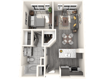A 3D floor plan of a small apartment with a kitchen, living room, and bathroom.