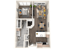 A 3D floor plan of a small apartment with a kitchen, living room, and bathroom.