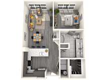 A 3D floor plan of a small apartment with a kitchen, living room, and bedroom.