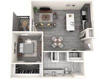 A 3D floor plan of a small apartment with a kitchen, living room, and bathroom.