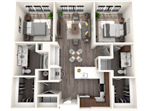 A 3D floor plan of a house with a kitchen, living room, dining room, and two bedrooms.