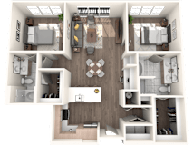 A 3D floor plan of a house with a kitchen, living room, dining room, and bedrooms.