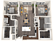 A top-down view of a small apartment with a kitchen, living room, and bedroom.