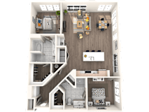 A 3D floor plan of a house showing the layout of the rooms.