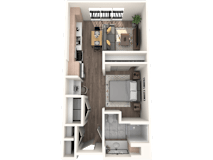 A top down view of a small apartment with a kitchen, living room, and bathroom.
