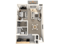 A top down view of a small apartment with a kitchen, living room, and bedroom.