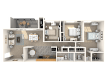 A detailed 3D floor plan of a house showing all rooms and furniture.
