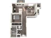 A top-down view of a house layout with a kitchen, living room, and bathrooms.