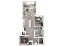 A 3D floor plan of a small apartment with a kitchen, living room, and bathroom.