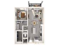 A 3D floor plan of a small apartment with a kitchen, living room, and bathroom.