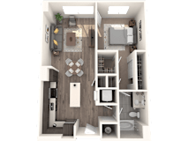 A 3D rendered image of a small apartment layout.