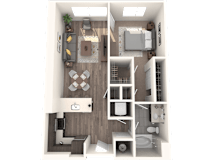 A top-down view of a small apartment with a living room, kitchen, and bathroom.