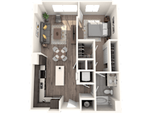 A 3D rendered image of a modern apartment layout.