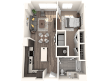 A 3D rendered image of a modern apartment layout.
