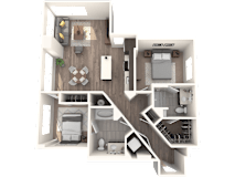 A 3D floor plan of a house showing a kitchen, living room, dining room, and bedrooms.
