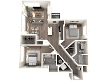 A 3D floor plan of a house with a kitchen, living room, and bedrooms.