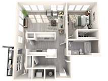 A top-down view of a small, modern apartment with a kitchen, living room, and bathroom.