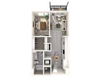 A top-down view of a small apartment with a kitchen, living room, and bathroom.
