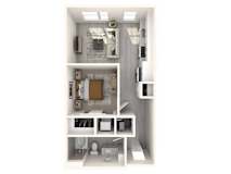 A white interior design of a small apartment with a kitchen, living room, and bathroom.