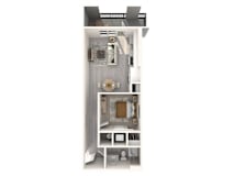 A floor plan of a small apartment with a kitchen, living room, and bathroom.