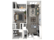 A 3D rendered image of a small apartment layout.