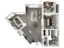A 3D floor plan of a house showing a kitchen, living room, dining room, and bedrooms.