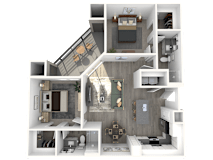A 3D floor plan of a house with a kitchen, living room, and bathroom.