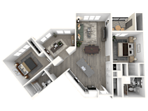 A 3D floor plan of a house with a kitchen, living room, and bedrooms.