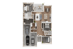 A floor plan of a house with a garage and a living room at Westpark in Buckeye, Arizona