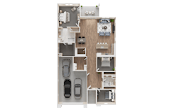 A floor plan of a house with a garage and a living room at Westpark in Buckeye, Arizona