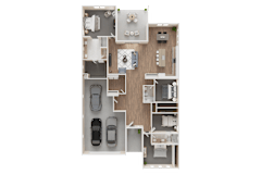 A 3D floor plan of a house with a kitchen, living room, and two bedrooms at Westpark in Buckeye, Arizona
