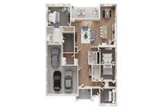 A 3D rendered image of a house layout with two bedrooms, a living room, a kitchen, a dining room, and a garage at Westpark in Buckeye, Arizona