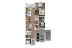 A floor plan of a house with a kitchen, living room, two bedrooms, and a garage at Westpark in Buckeye, Arizona