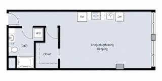 A floor plan of a small apartment with a living/entertaining area and a bedroom.