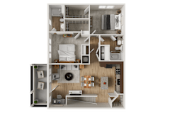 One bed one bathroom floorplan with walk-in closet at Woodlands at Abington Station Apartments, Abington