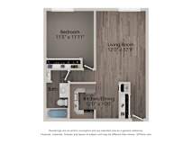 A floor plan shows a bedroom, living room, kitchen/dining area, and bathroom.