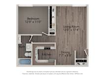 A floor plan of a small apartment with a bedroom, living room, kitchen, and bathroom.