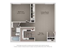 A floor plan of a small apartment with a bedroom, living room, kitchen, dining area and bathroom.
