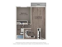 A diagram of a house layout with a living room, bedroom, kitchen and bathroom.