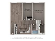 A diagram shows the layout of a small apartment with a living room, kitchen, two bedrooms, and a bathroom.