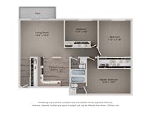 A diagram of a house layout with a living room, two bedrooms, a kitchen, and a bathroom.